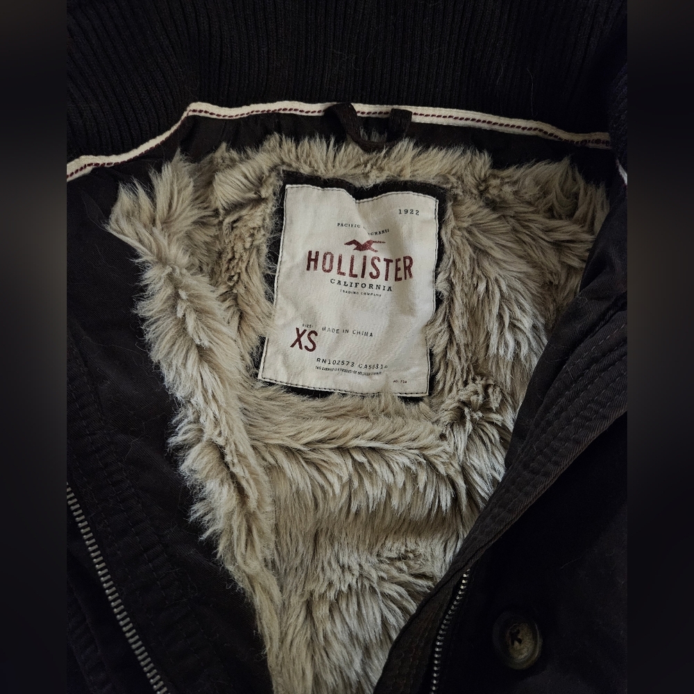 Y2K Vintage Hollister Womens Chocolate Brown Bomber Jacket with Faux Fur Hood XS - Picture 5 of 9